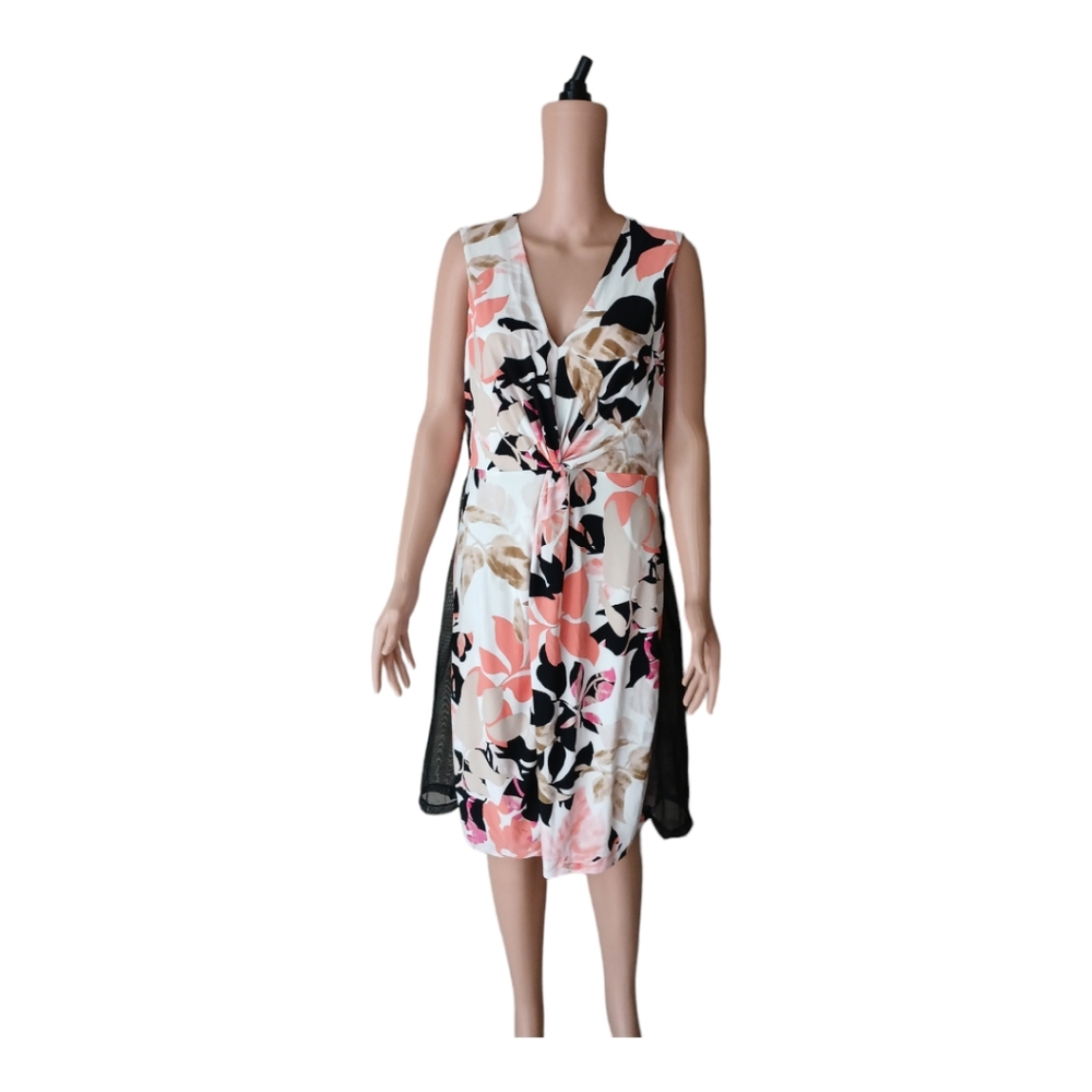 Donna Karan White Floral Midi Dress with Pink and Black Accents